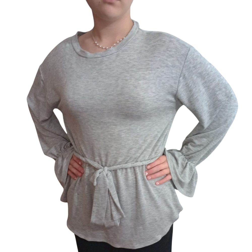 Buckle Gray Bell Sleeve‎ Sweatshirt with Tie Front